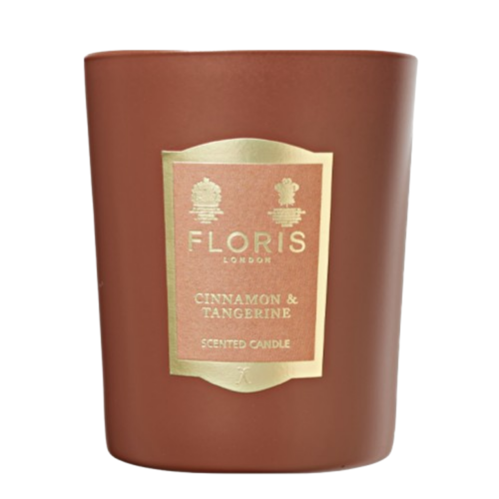 Floris London Cinnamon and Tangerine scented candle with a label on a white background
