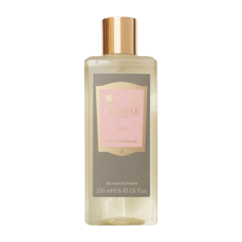 Floris London bottle with gold cap on a white background Lily Bath and Shower Gel 250ml