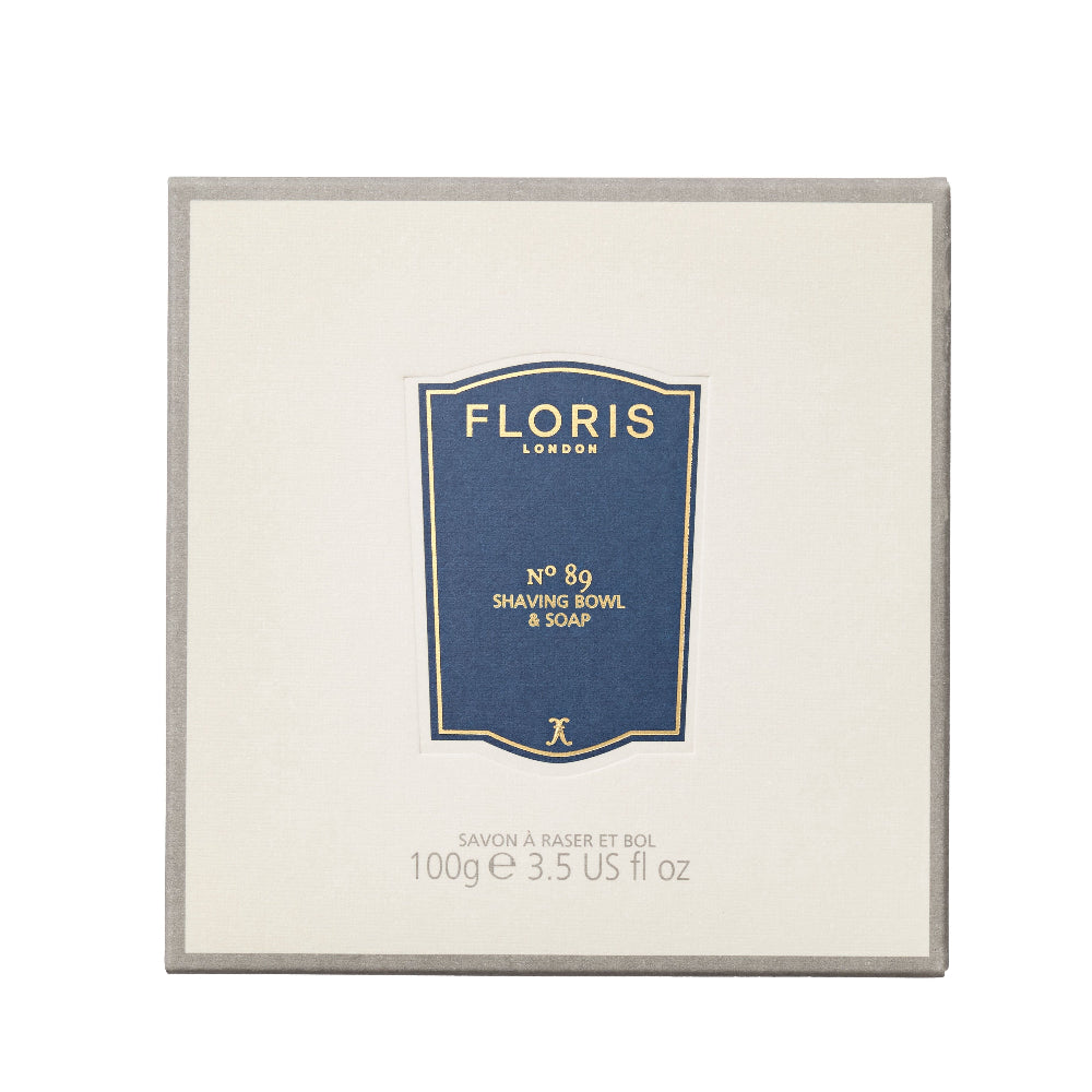 Floris London shaving bowl and soap packaging on a white background