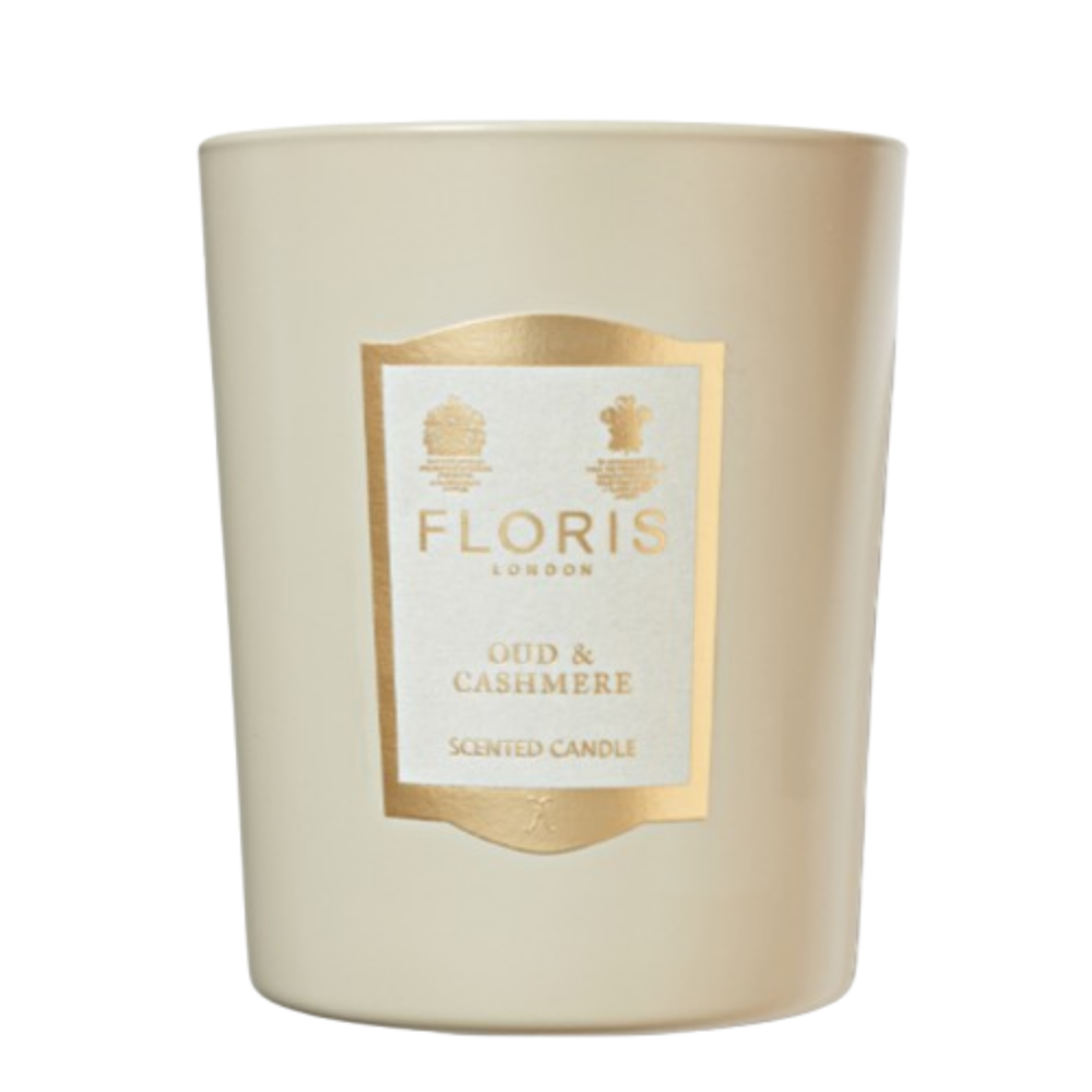 Floris London scented candle with a gold label on a white background