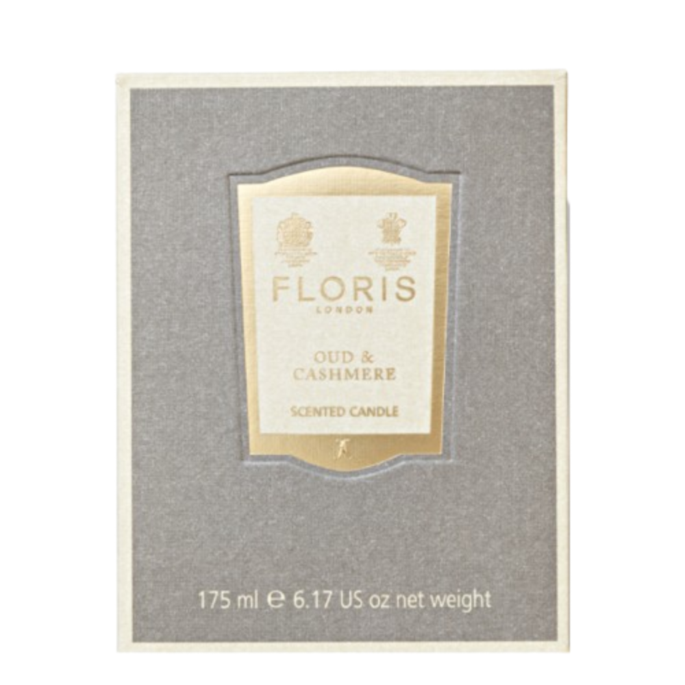 Floris London Oud & Cashmere scented candle packaging on a white background