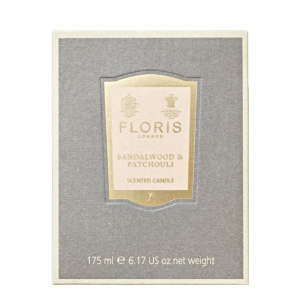 Floris London sandalwood and patchouli scented candle packaging on a white background