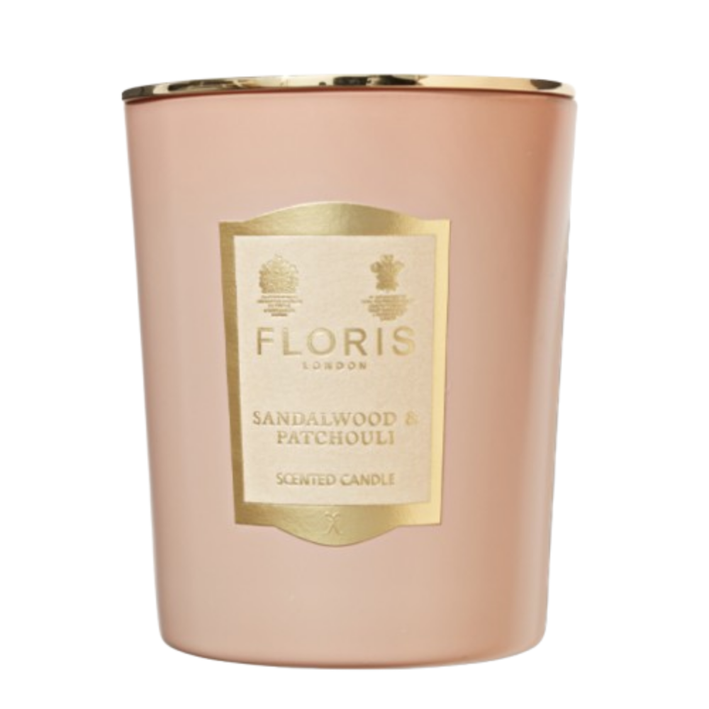 Floris London scented candle with sandalwood and patchouli fragrance on a white background