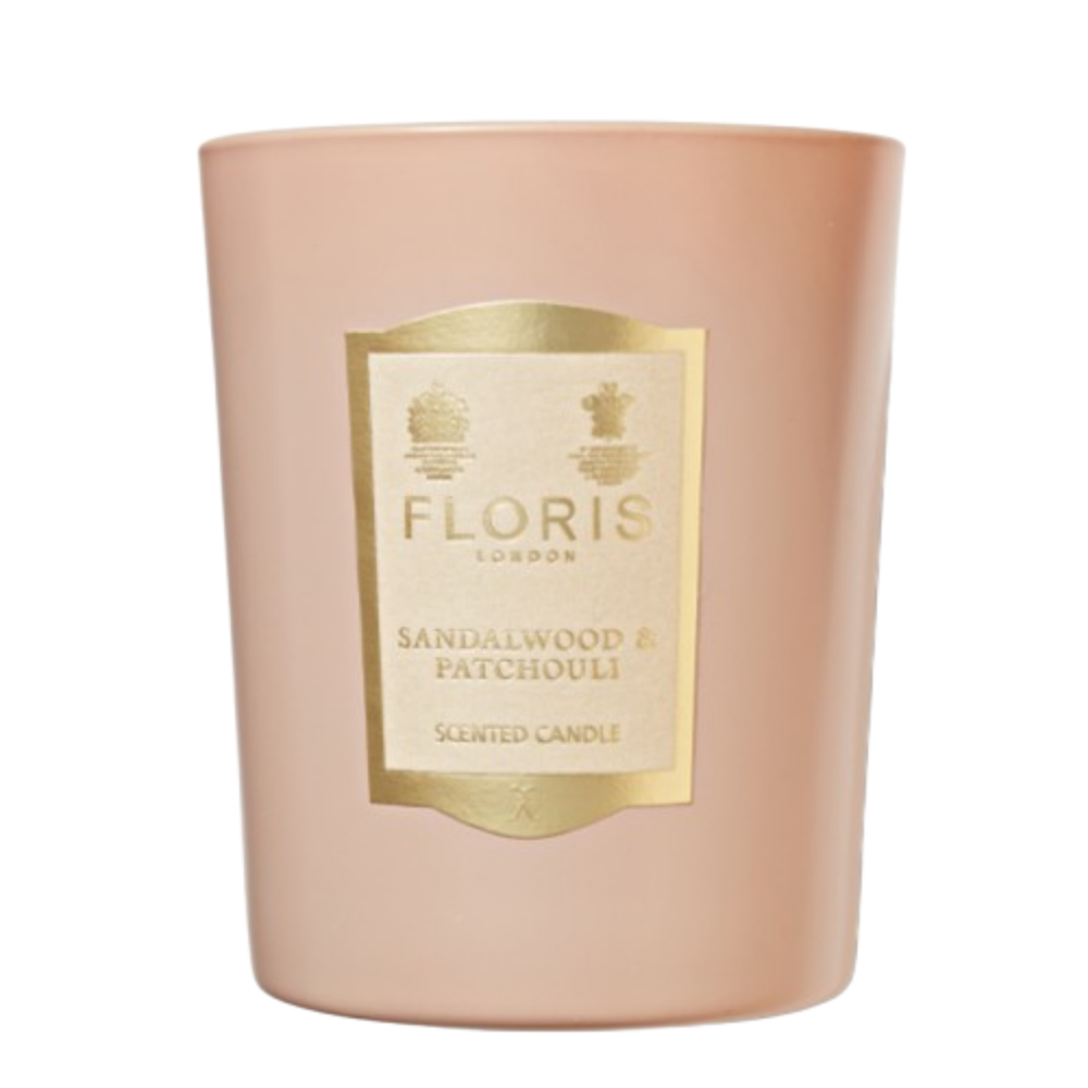 Floris London sandalwood and patchouli scented candle on a white background