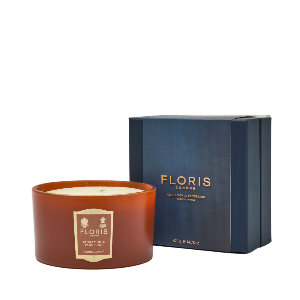 Floris London Cinnamon and Tangerine Three wick candle and packaging on a white background
