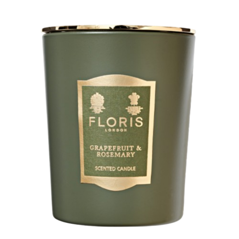 Green scented Grapefruit and rosemary candle with 'Floris London' label on a white background