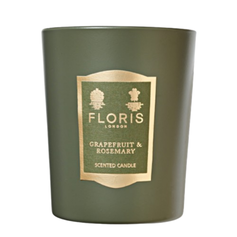 Green scented candle with 'Floris London' label on a white background