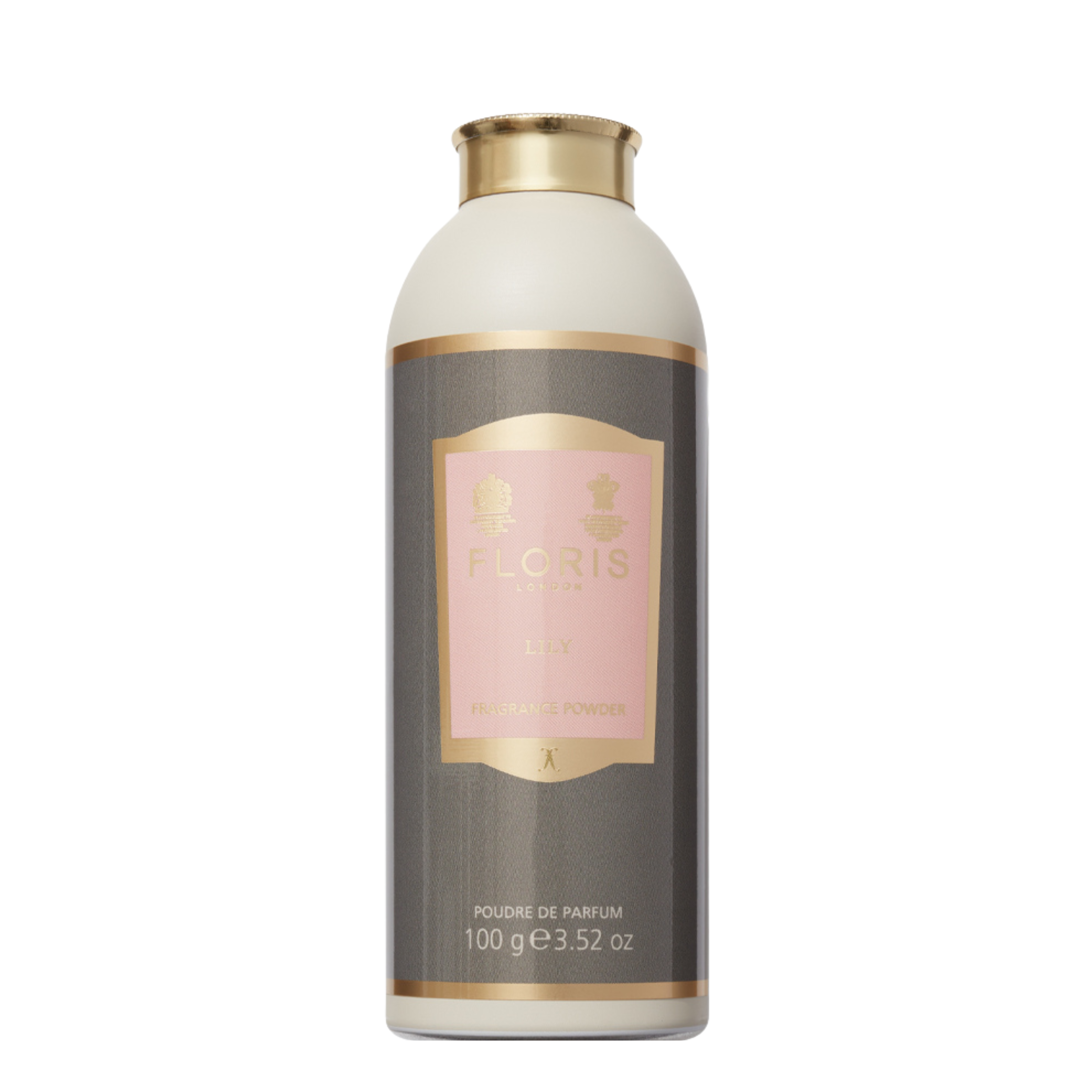 Powder Fragrance bottle Floris London with gold cap and pink label on a white background