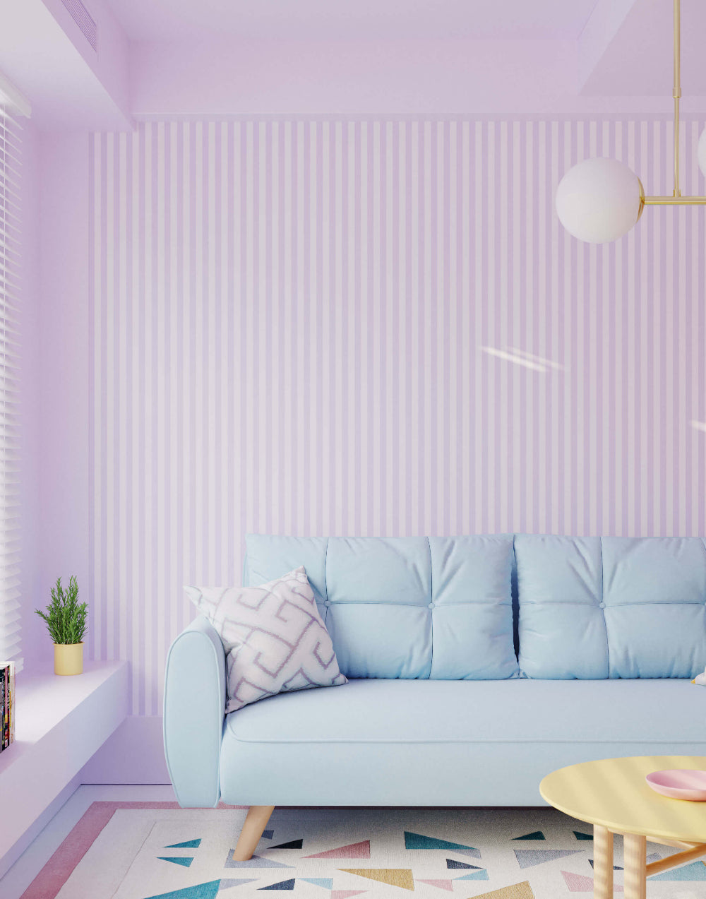 Light blue sofa in a room with purple walls and a colorful rug.
