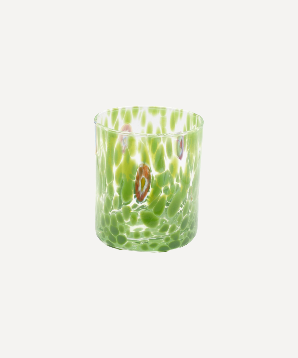 Green Murano Glass tumbler with decorative pattern on a white background