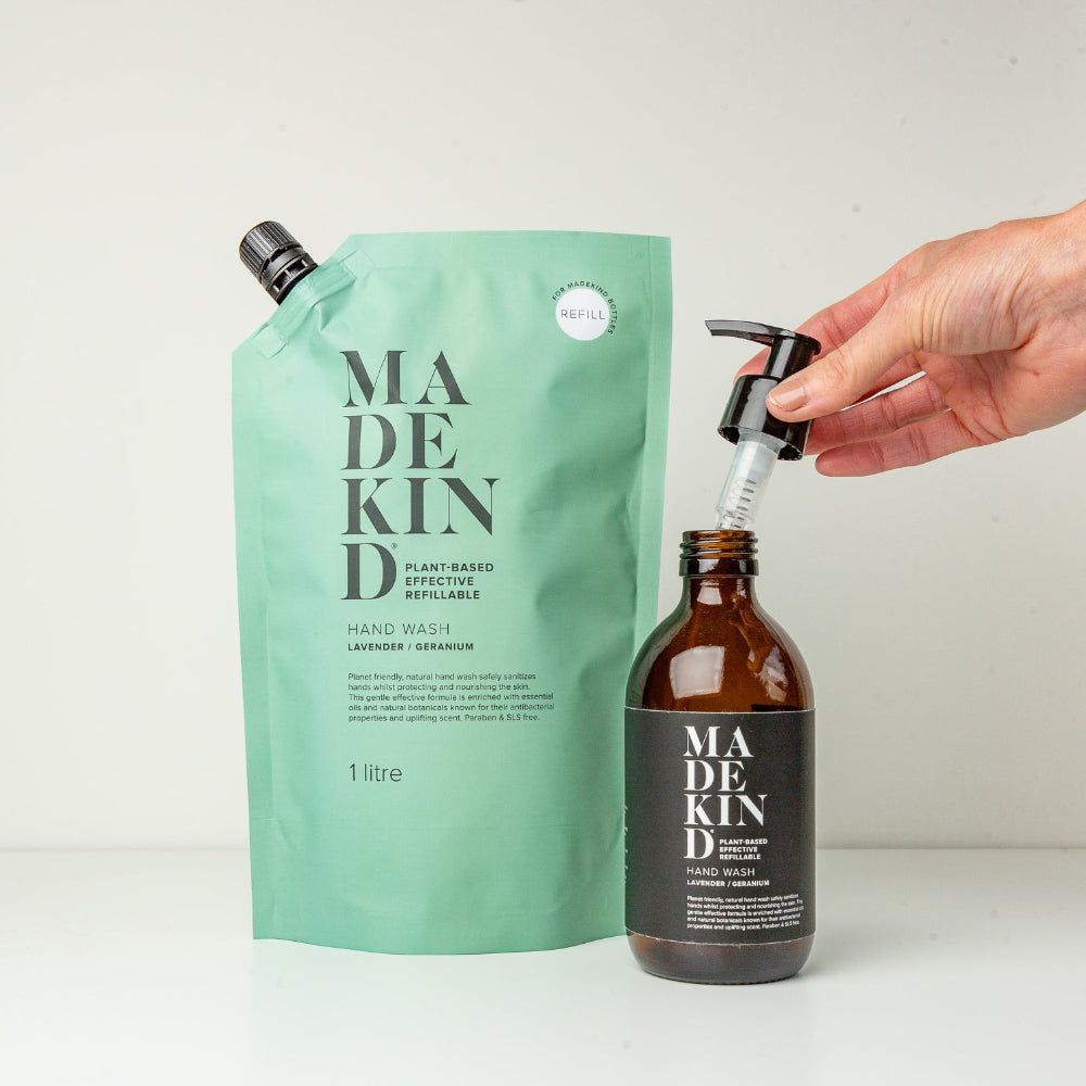 Madekind hand wash bottle and refill pouch on a white background