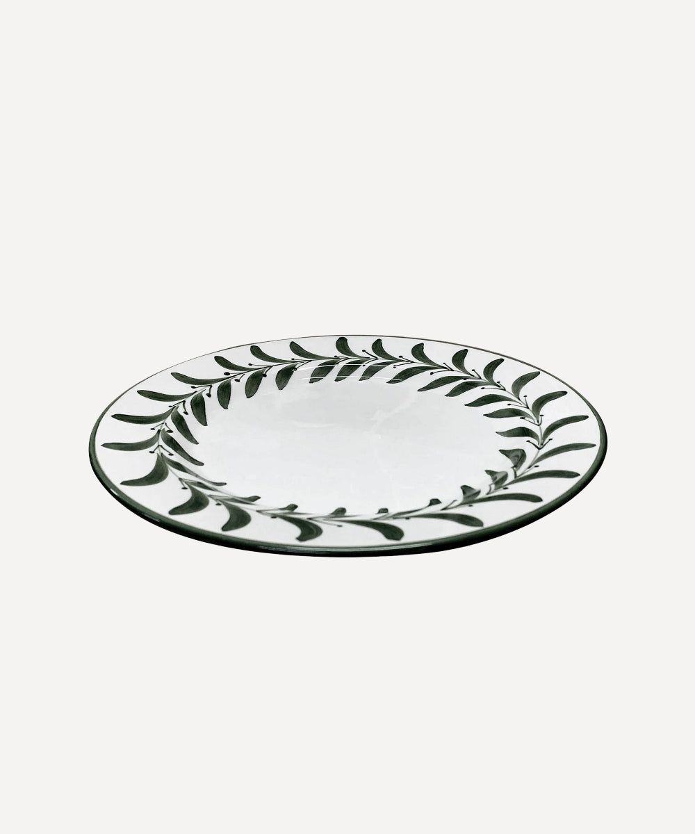 Helecho Dinner Plate white ceramic with Jet Black Handpainted Fern Leaves on a white background
