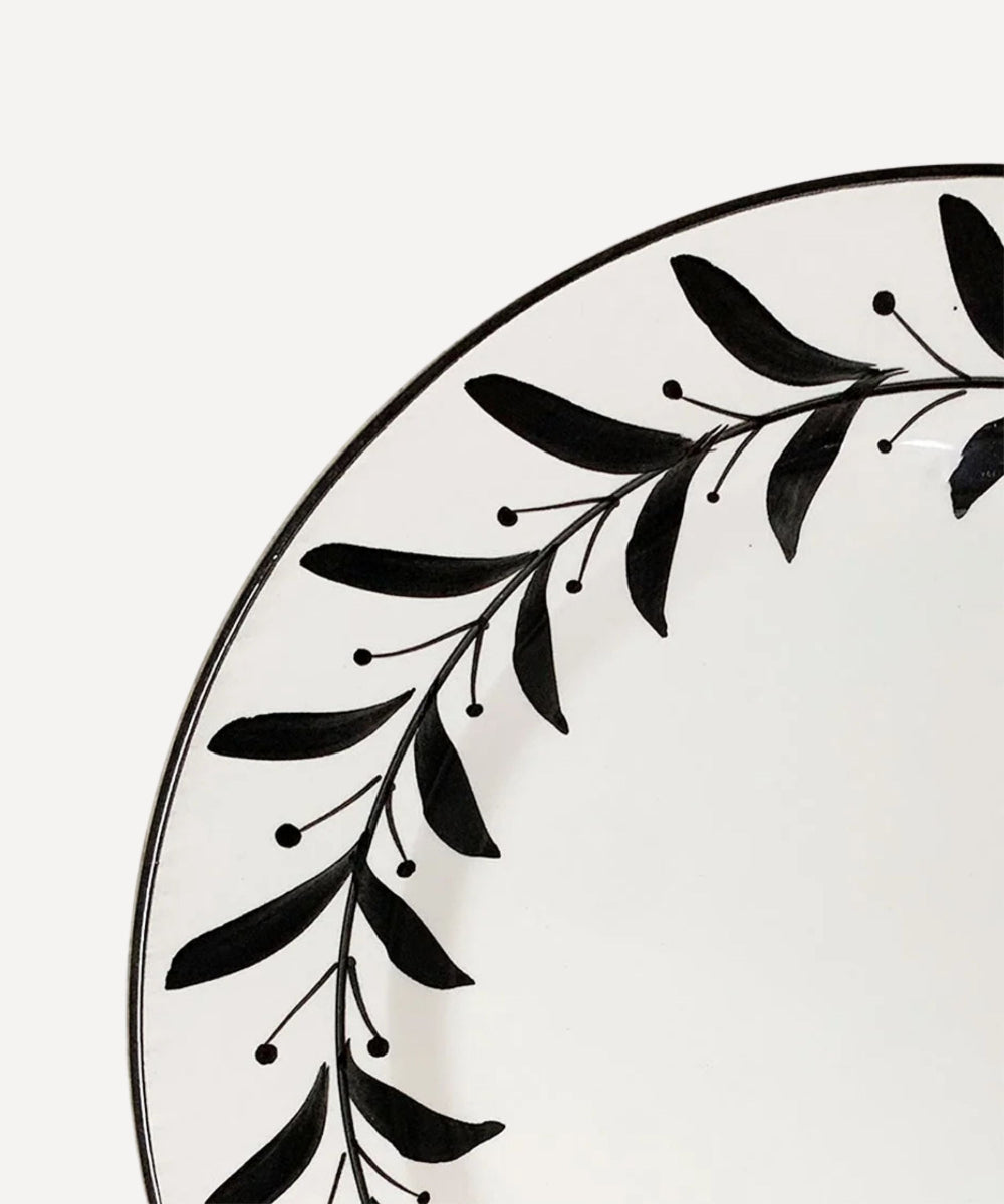 Helecho Dinner Plate Ceramic White with Jet Black Handpainted Fern leaves Closeup