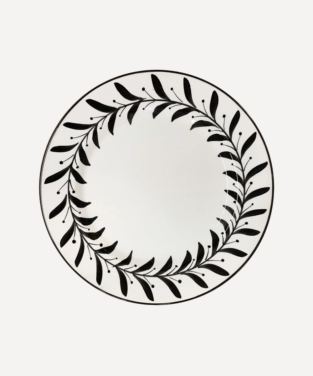 Helecho Dinner Plate white ceramic with Jet Black handpainted fern leaves