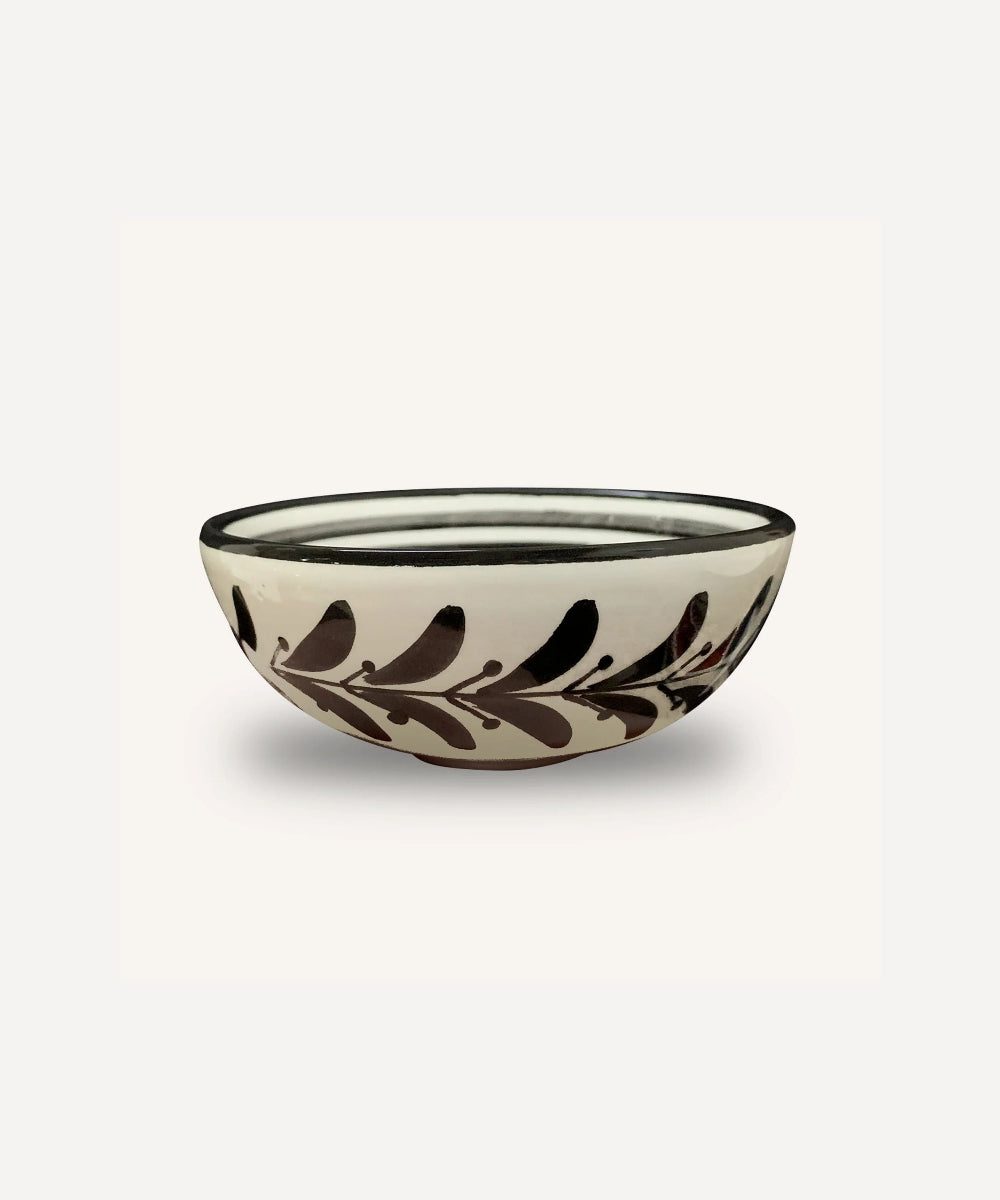 Helecho Tapas Bowl cream ceramic with jet black fern leaves handpainted on white background