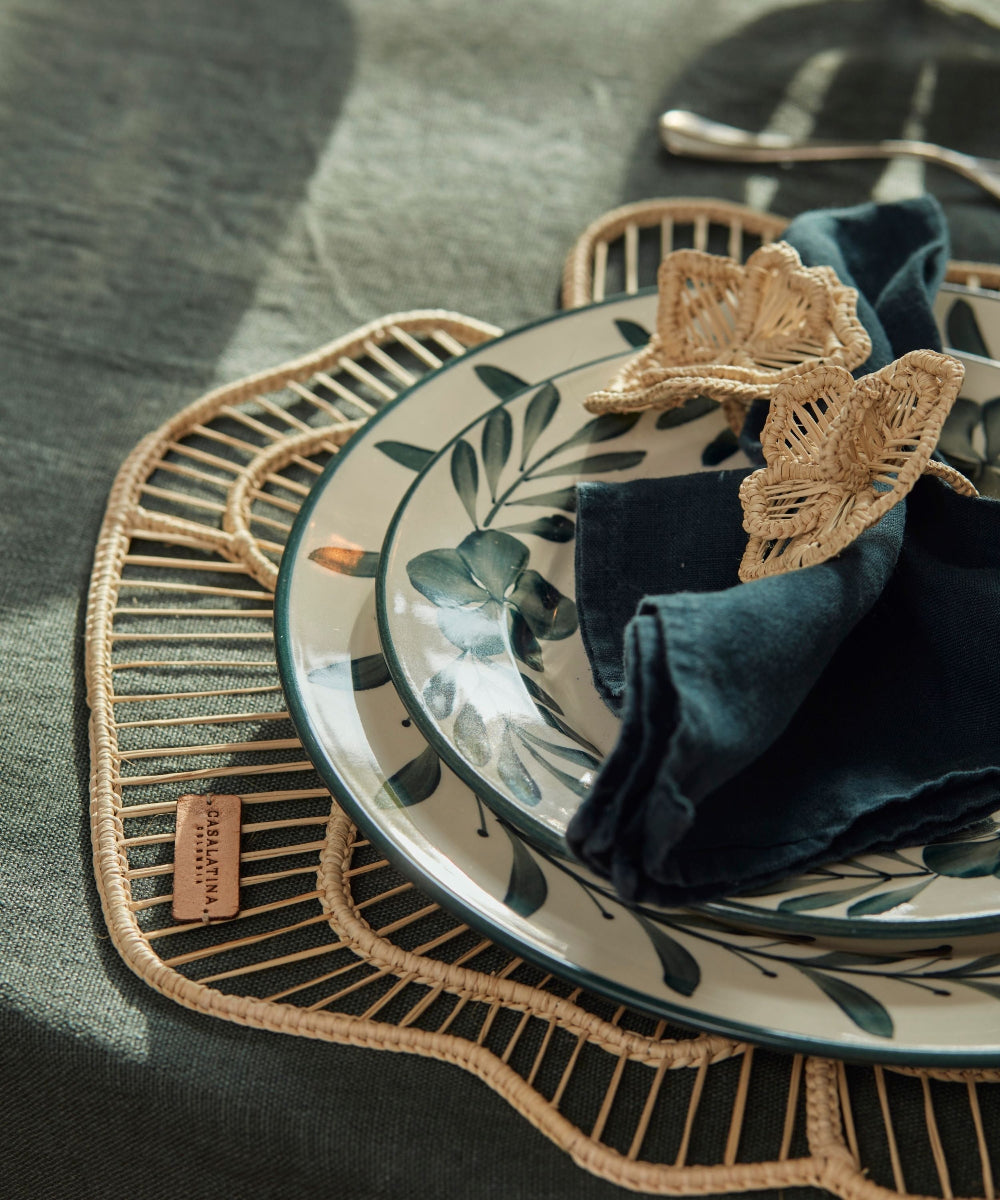 Helecho Teal Fern handpainted dinner plate on matching charger plate