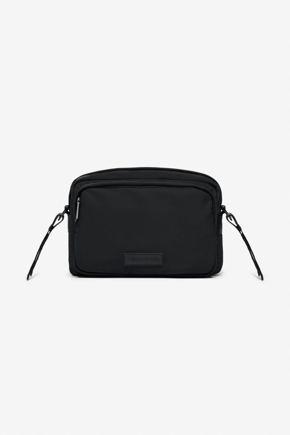 Black crossbody bag on a white background