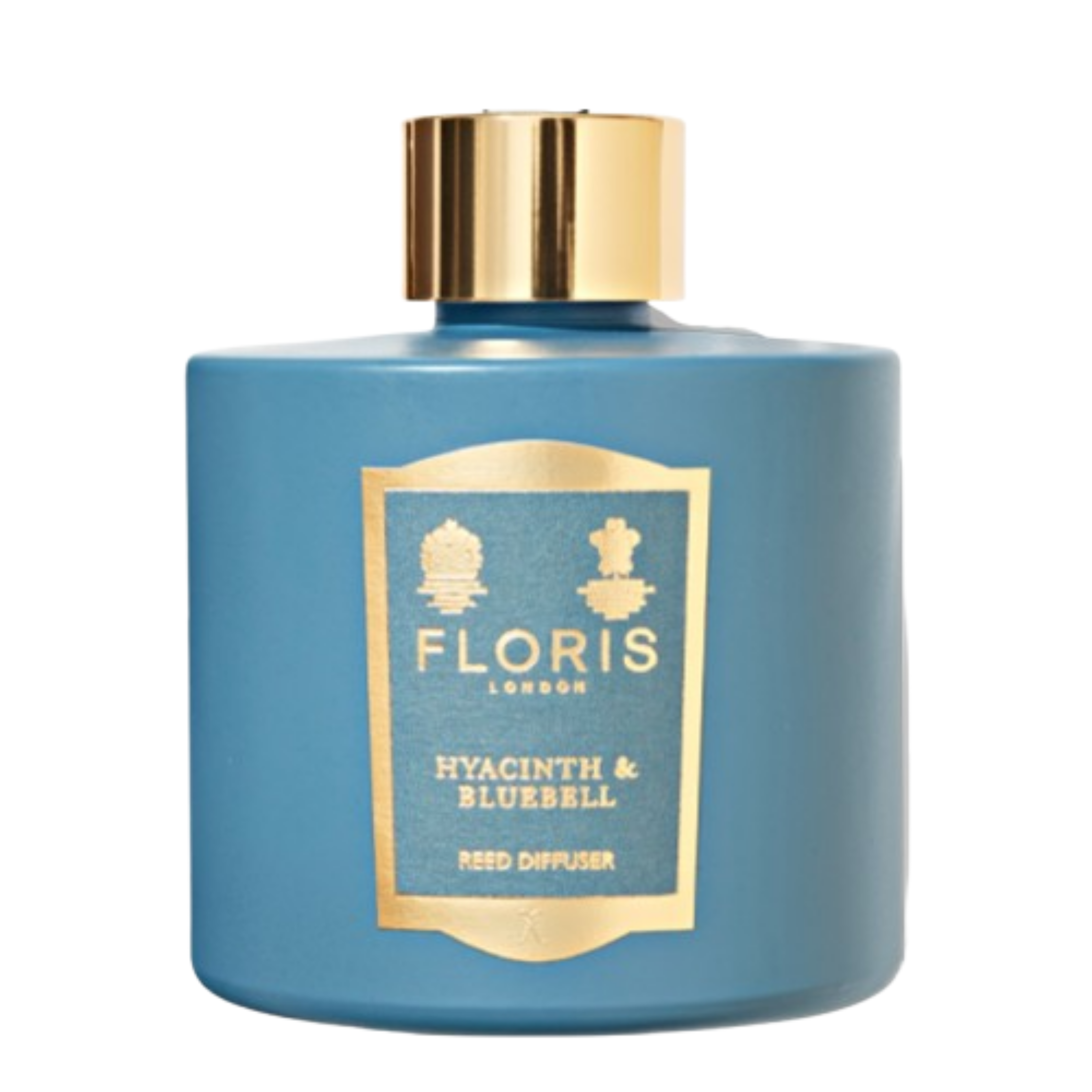 Blue diffuser bottle with gold cap and 'Floris London' branding on a white background