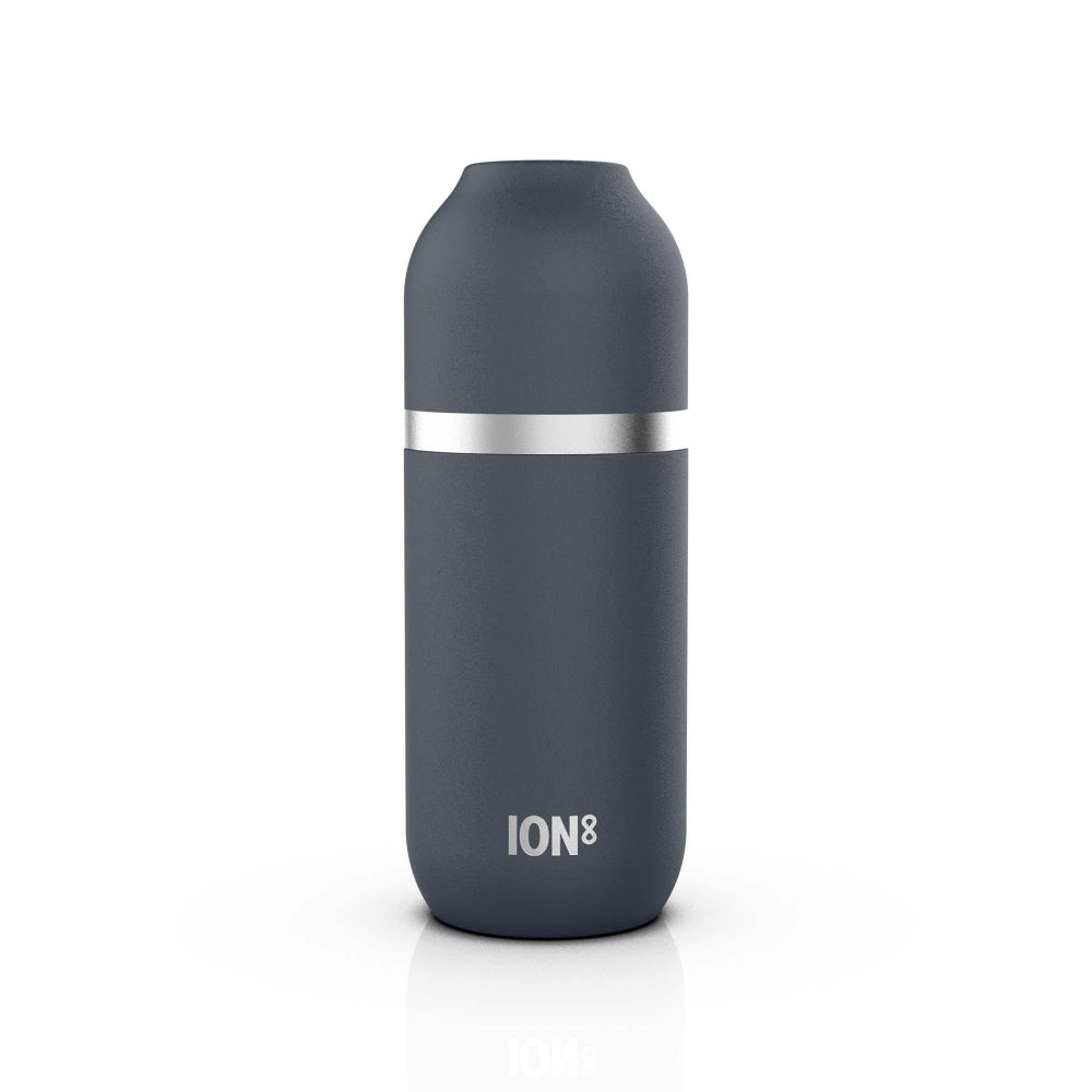 ION8 Ash Navy insulated bottle with silver band on a white background