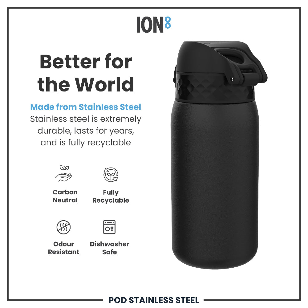 Black stainless steel water bottle with Ion8 branding and sustainability features on a white background
