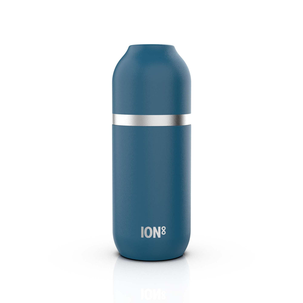 Blue water bottle with silver band and 'ION8' branding on a white background