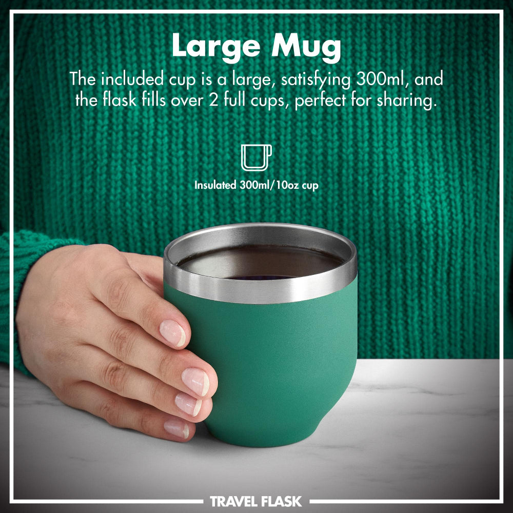 Green travel mug with silver rim held by a hand against a green textured background