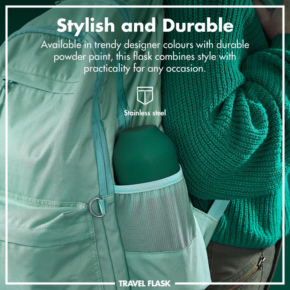 Person wearing a green travel flask in a pocket with promotional text about its style and durability.