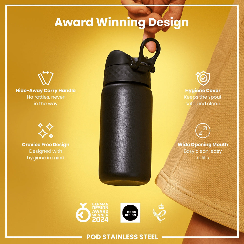 Black water bottle with Award winning design features highlighted on a yellow background