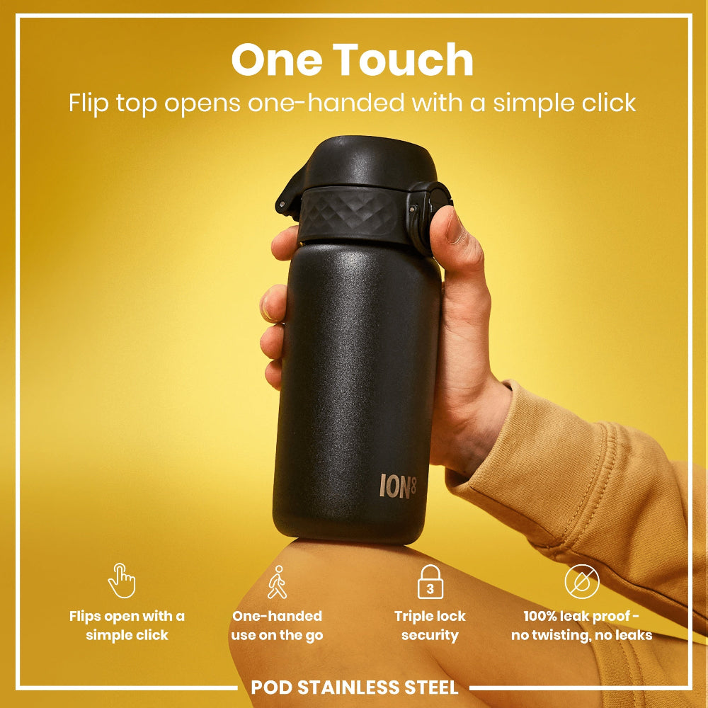 ION8 Black water bottle held by a hand with text 'One touch open' on a yellow background
