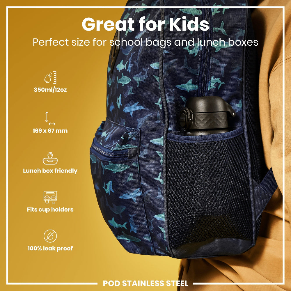 Navy blue backpack with shark pattern and water bottle in pocket on mustard yellow background
