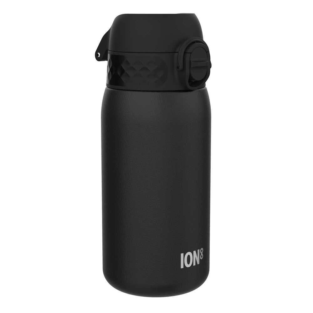 ION8 Black stainless steel water bottle with a cap on a white background, featuring the 'ION8' brand.