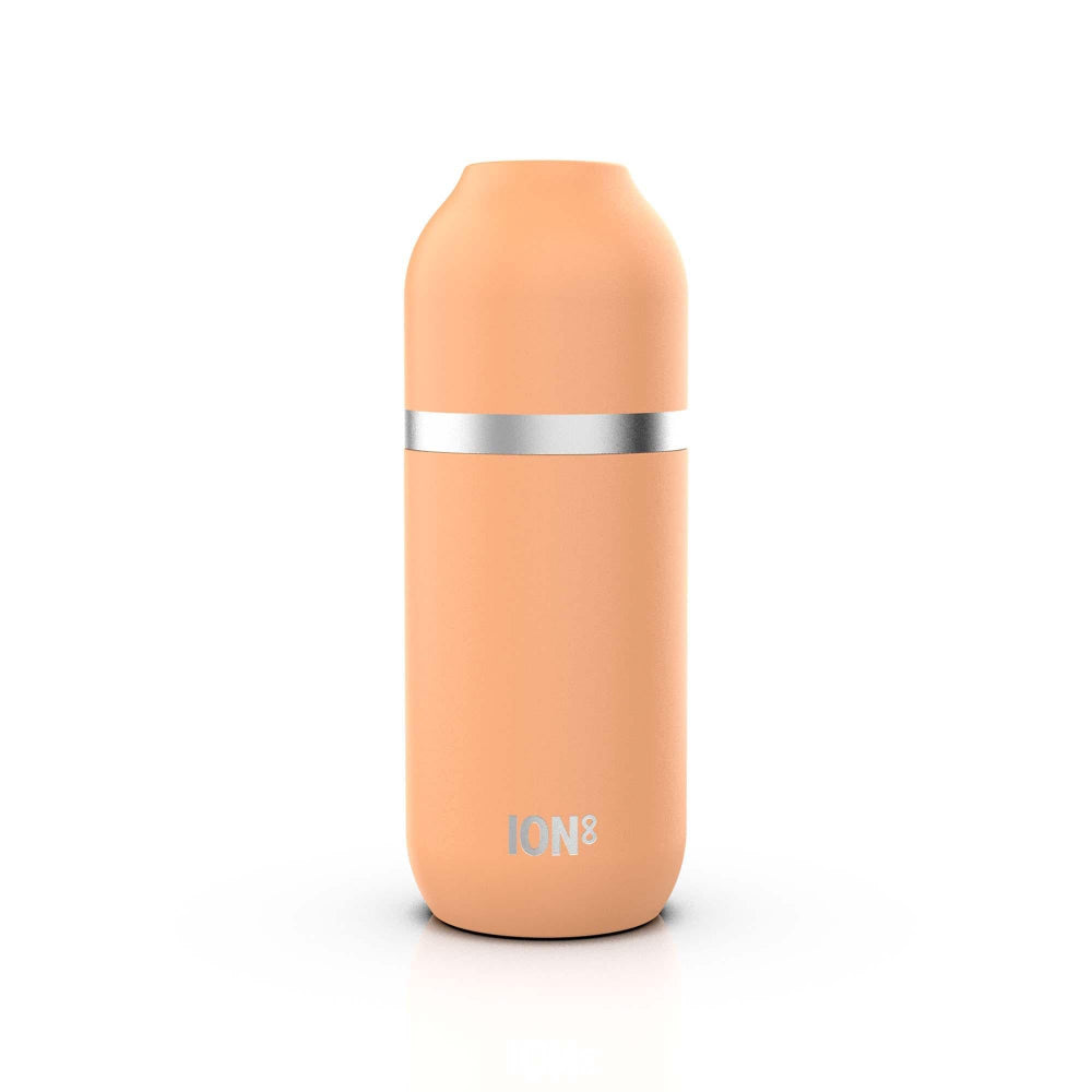 ION8 Peach-coloured thermos with silver band on a white background