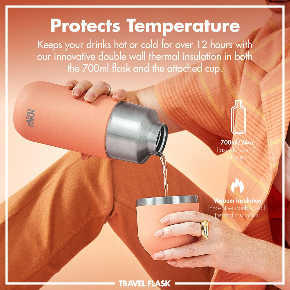 Person pouring liquid from a travel flask into a matching cup with text highlighting its temperature protection feature.