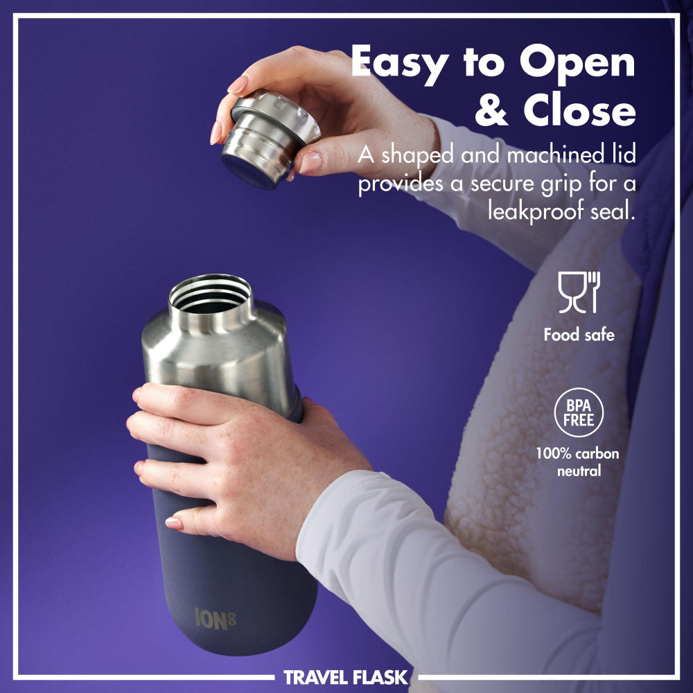 Person opening a travel flask with a purple background and text about the product's features.