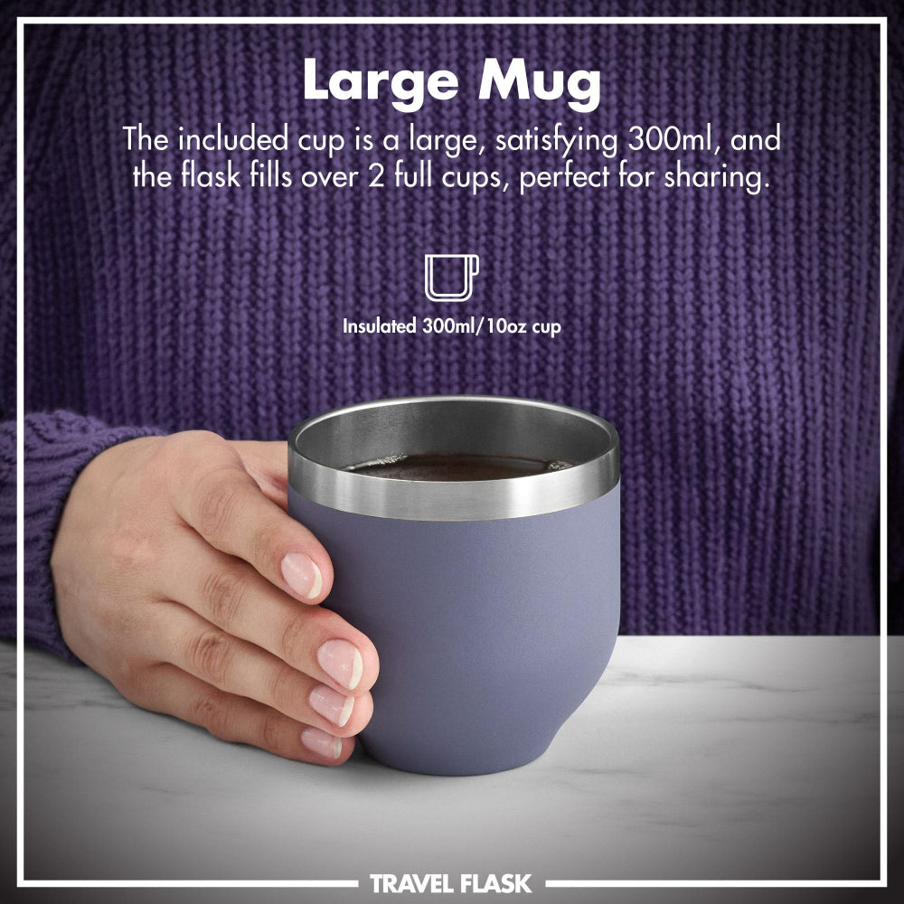 Hand holding a large insulated mug with text about its capacity and use.