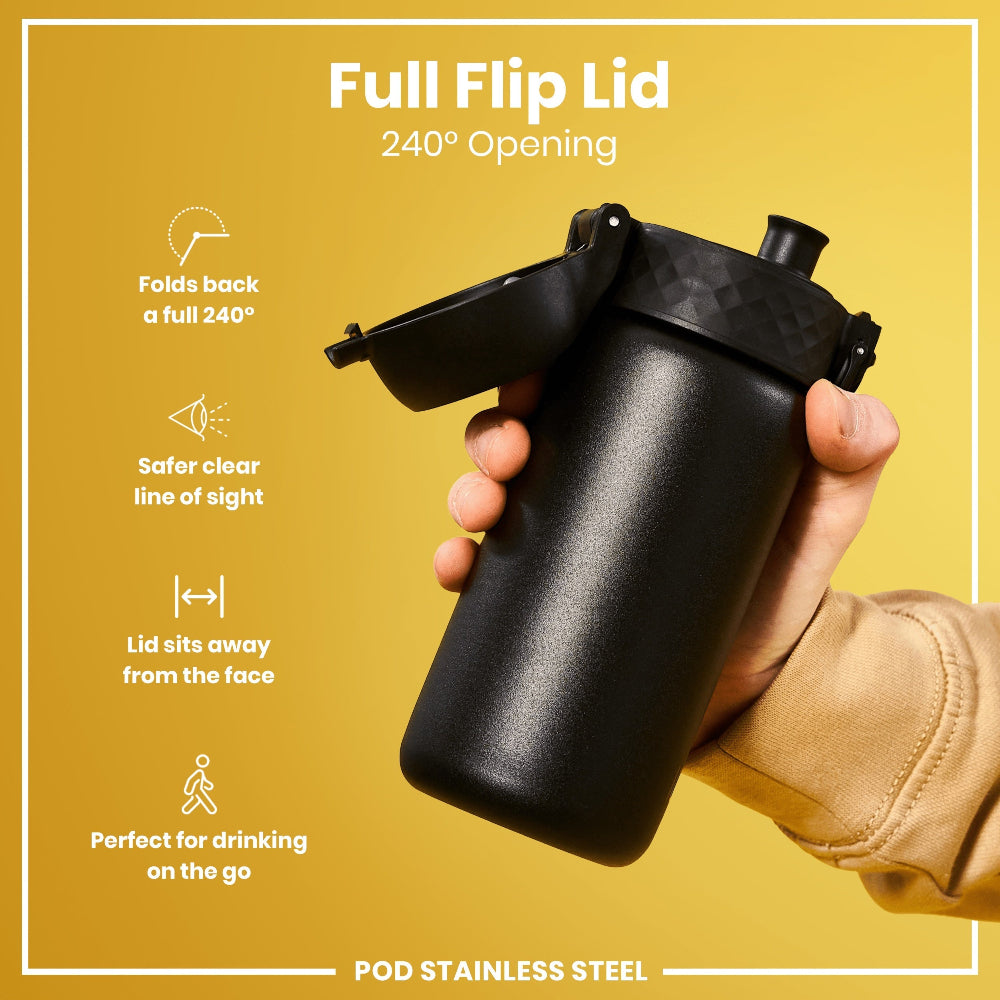 Black Stainless steel water bottle with a full flip lid held by a hand on a yellow background