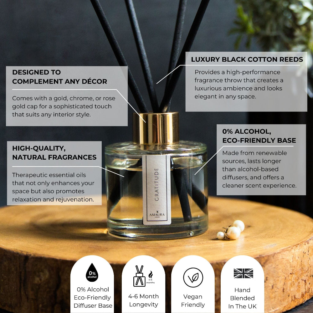 Reed diffuser with black cotton reeds on a wooden surface, featuring product details.