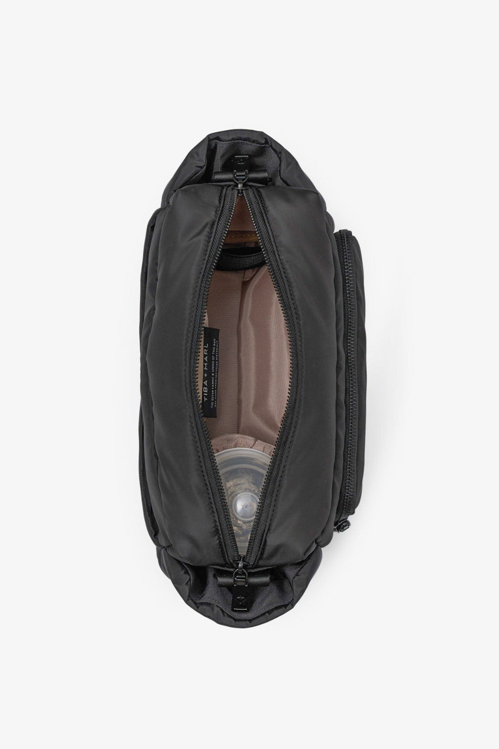 Black Buggy Organiser showing he inner pocket zip open from a birds eye perspective