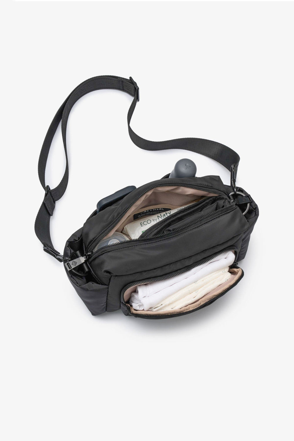 Black Baby Buggy organiser Bag with a thick strap on a white background