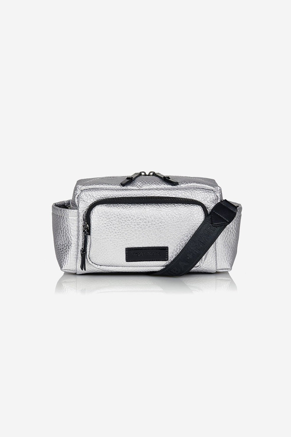Silver crossbody bag with black strap on a white background