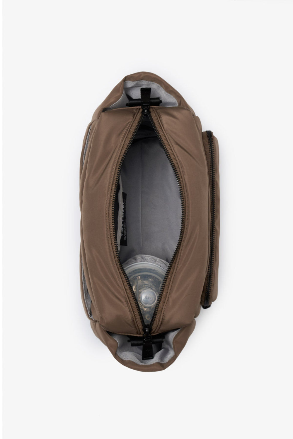 Inka Mocha Crossbody bag top profile opened central pocket with zip and contents showing