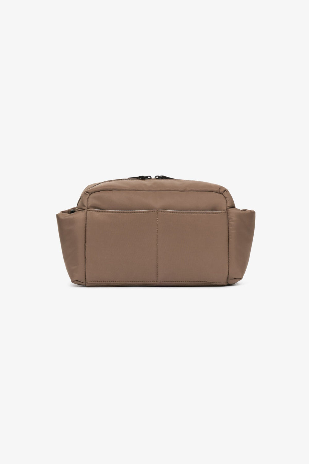 Inka Mocha Crossbody bag showing back profile of pockets on bag and side