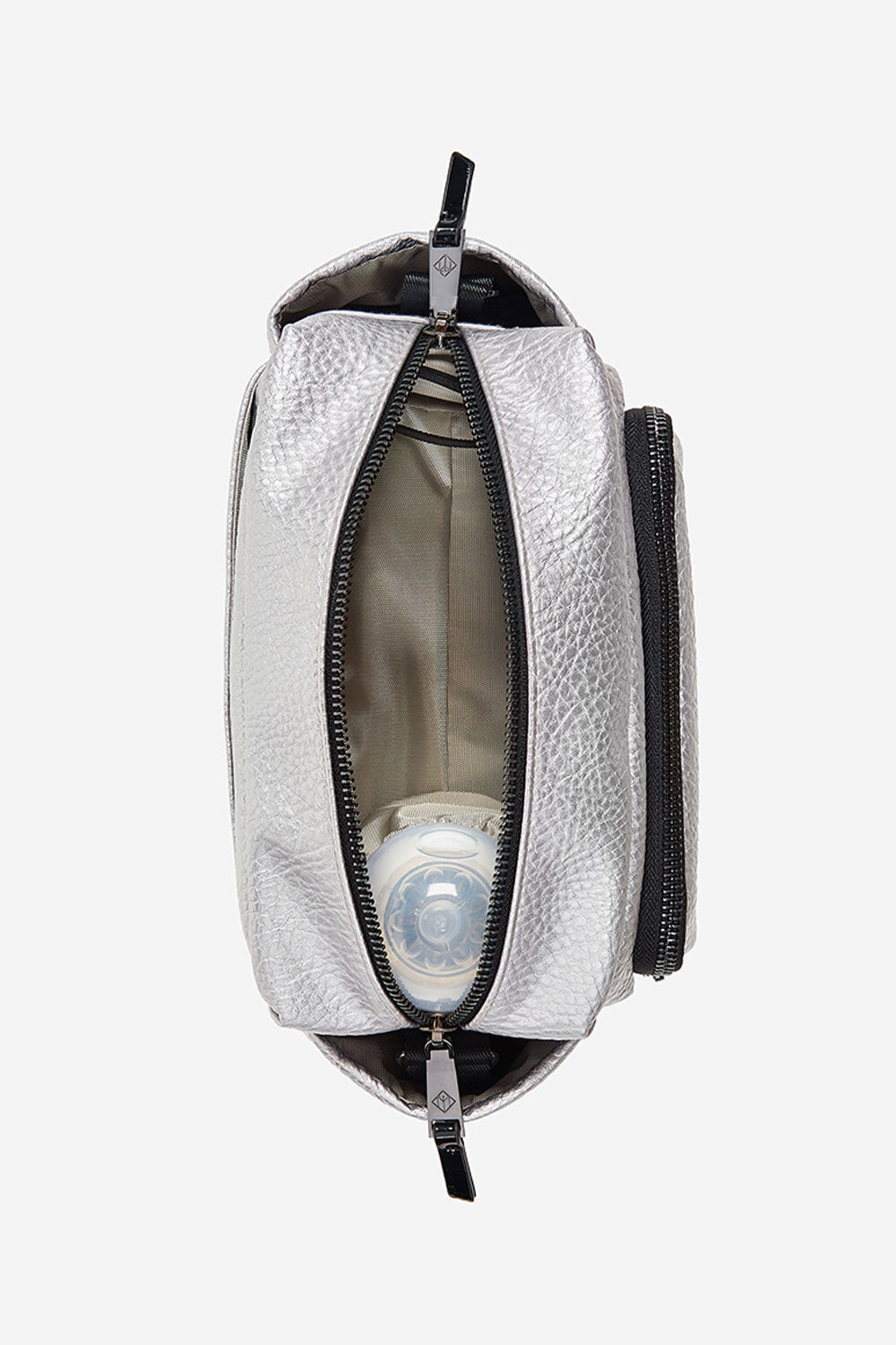 Silver baby organiser bag with black zipper on a white background showing internal pocket open with contents