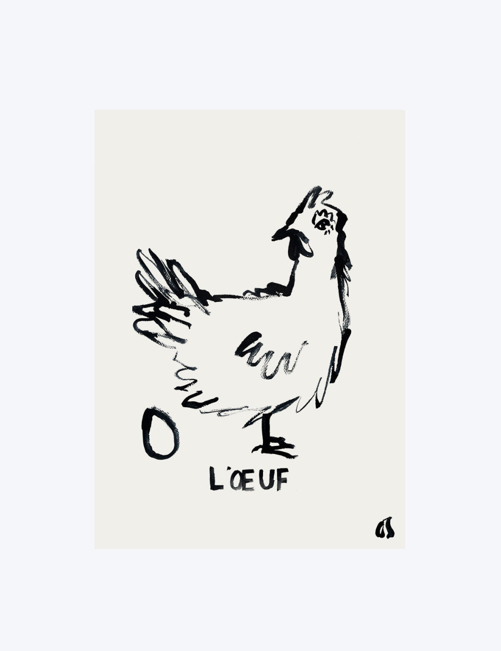 Black ink drawing of a rooster on a beige background with 'Loeuf' text.