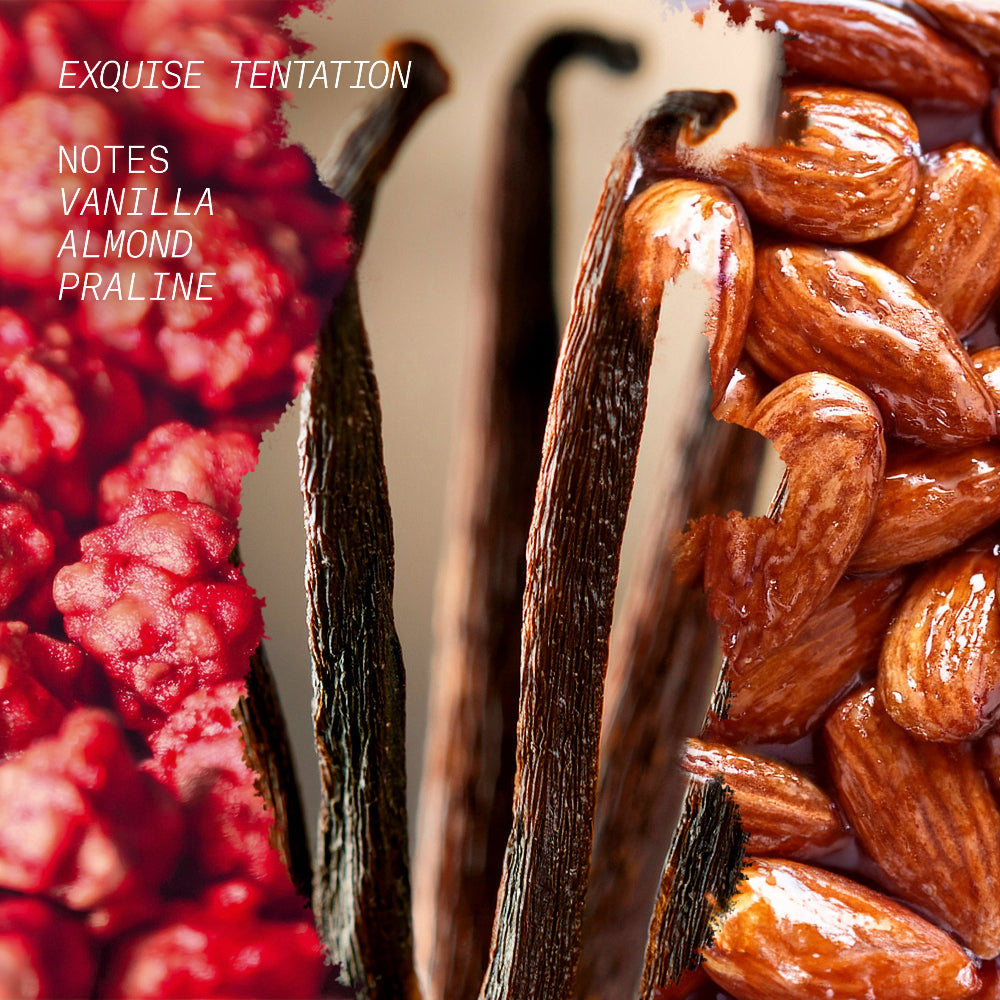 Close-up of vanilla beans, almonds, and raspberries with text describing notes.