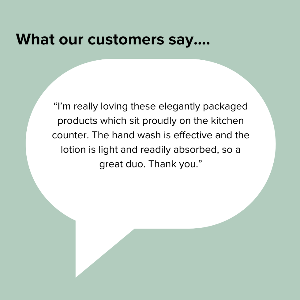Customer review text for Madekind products in a speech bubble on a light green background