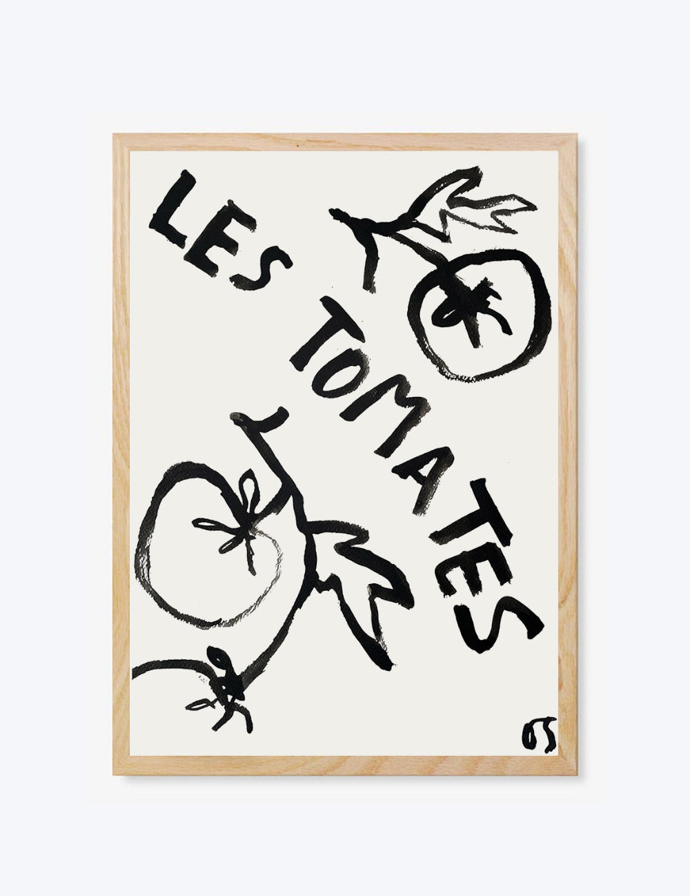 Framed artwork with 'LES TOMATES' text and tomato illustrations on a white background