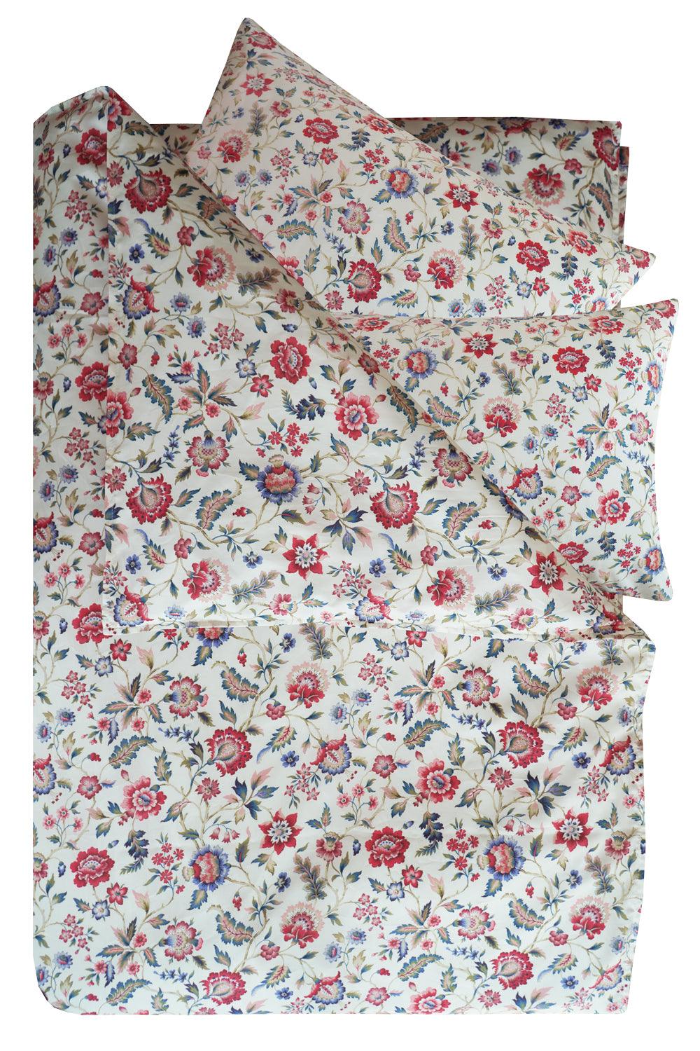 Floral Double Liberty Fabric bedding set with red, blue, and pink flowers on a white background