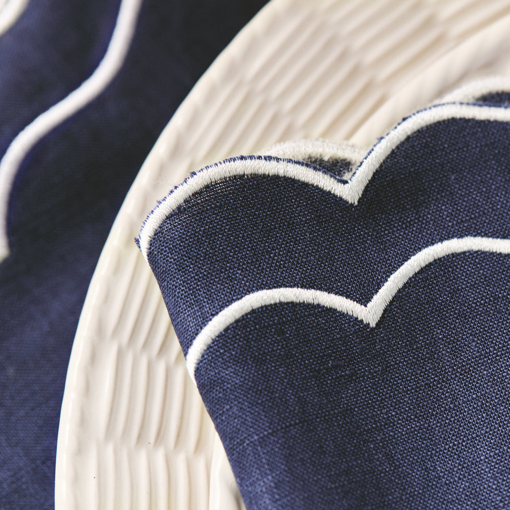 Close-up of a navy blue fabric with white piping on a textured surface