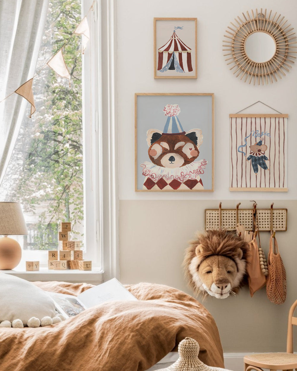 Children's bedroom with wall art, lion head decoration, and toys.